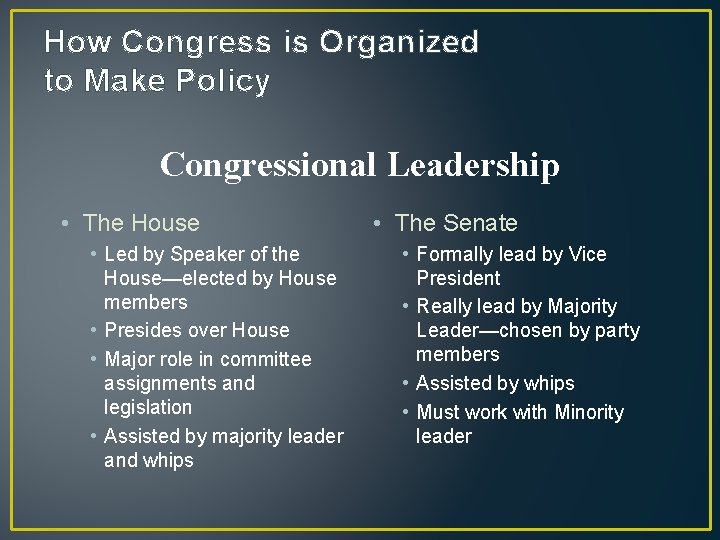 How Congress is Organized to Make Policy Congressional Leadership • The House • Led