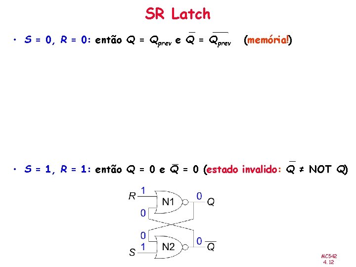 SR Latch • S = 0, R = 0: então Q = Qprev e