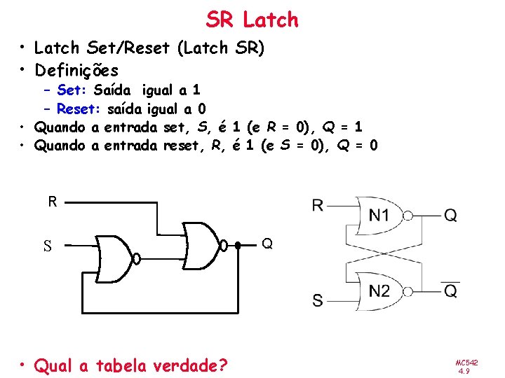 SR Latch • Latch Set/Reset (Latch SR) • Definições – Set: Saída igual a