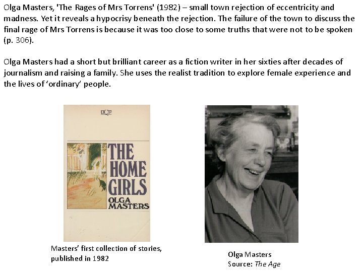 Olga Masters, 'The Rages of Mrs Torrens' (1982) – small town rejection of eccentricity