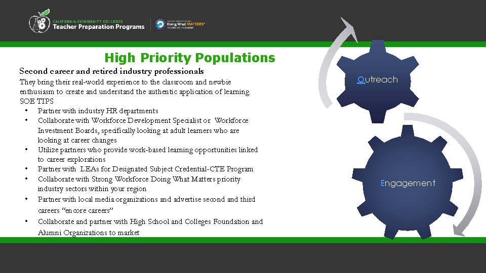 High Priority Populations Second career and retired industry professionals They bring their real-world experience