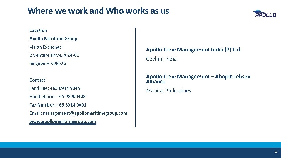 Where we work and Who works as us Location Apollo Maritime Group Vision Exchange