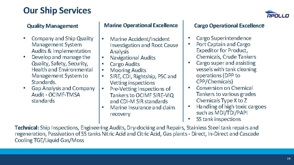 Our Ship Services Quality Management Marine Operational Excellence Cargo Operational Excellence • Cargo Superintendence