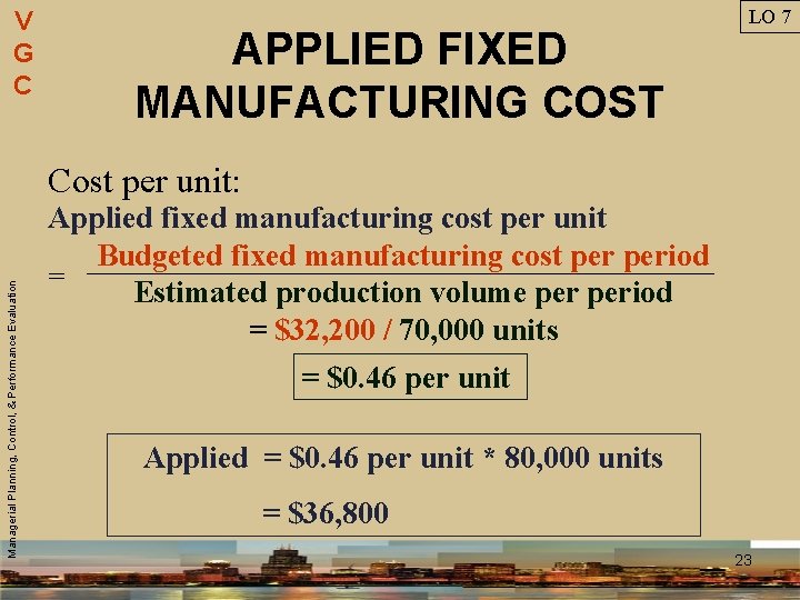 V G C APPLIED FIXED MANUFACTURING COST LO 7 Managerial Planning, Control, & Performance