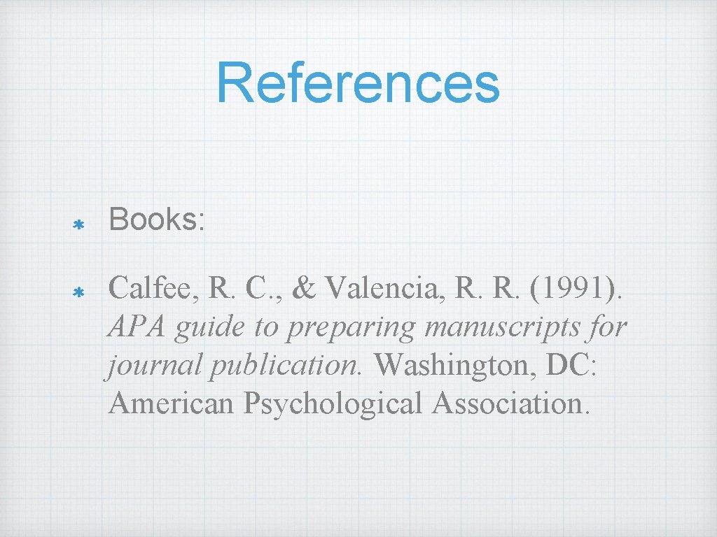 References Books: Calfee, R. C. , & Valencia, R. R. (1991). APA guide to