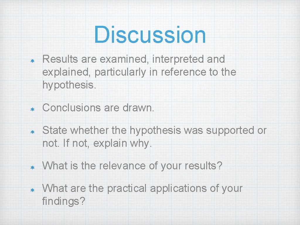 Discussion Results are examined, interpreted and explained, particularly in reference to the hypothesis. Conclusions