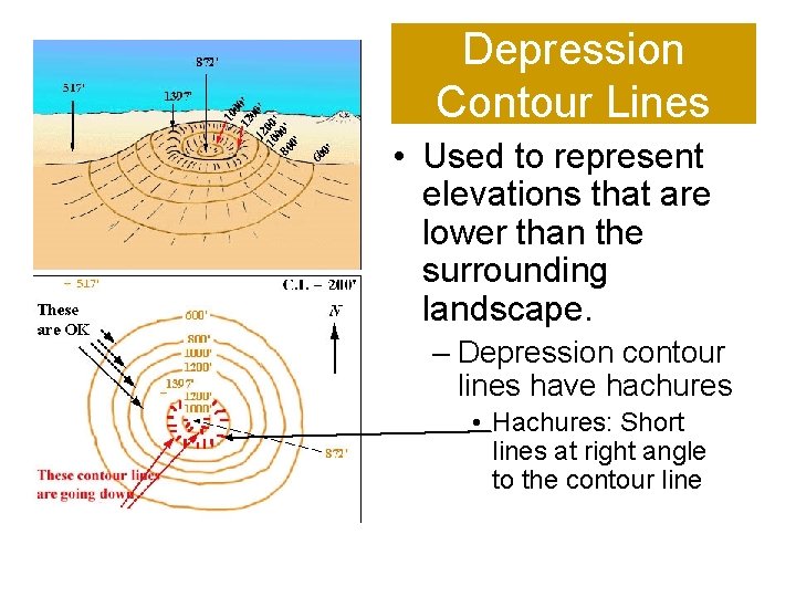 Depression Contour Lines • Used to represent elevations that are lower than the surrounding