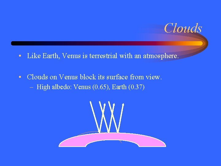 Clouds • Like Earth, Venus is terrestrial with an atmosphere. • Clouds on Venus