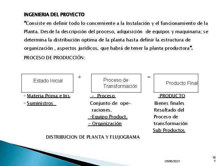 INGENIERIA DEL PROYECTO “Consiste en definir todo lo concerniente a la Instalación y el