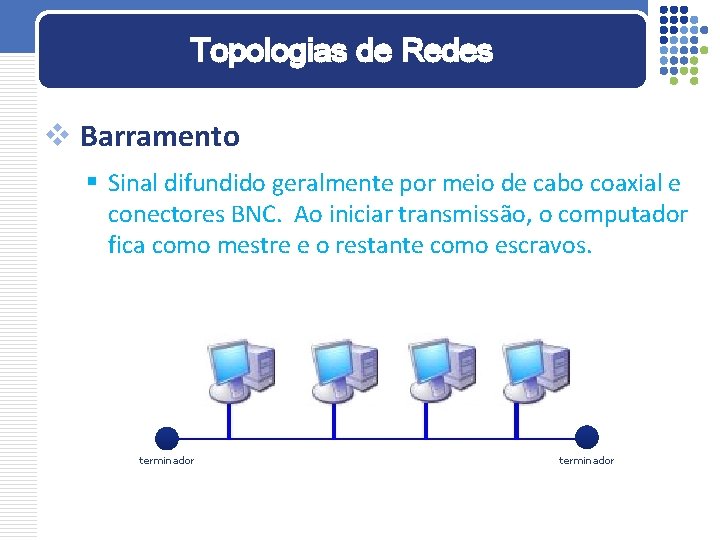 Topologias de Redes v Barramento § Sinal difundido geralmente por meio de cabo coaxial Topologias de Redes v Barramento § Sinal difundido geralmente por meio de cabo coaxial