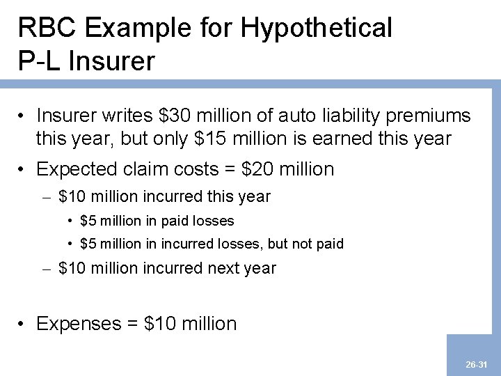 RBC Example for Hypothetical P-L Insurer • Insurer writes $30 million of auto liability