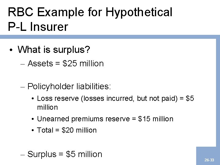 RBC Example for Hypothetical P-L Insurer • What is surplus? – Assets = $25