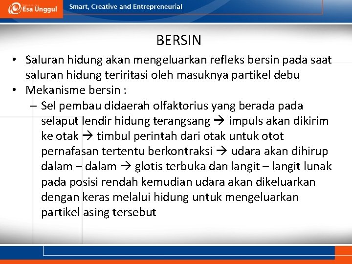 BERSIN • Saluran hidung akan mengeluarkan refleks bersin pada saat saluran hidung teriritasi oleh