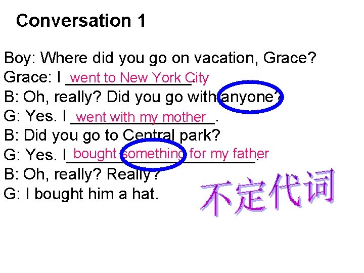 Conversation 1 Boy: Where did you go on vacation, Grace? went to New York