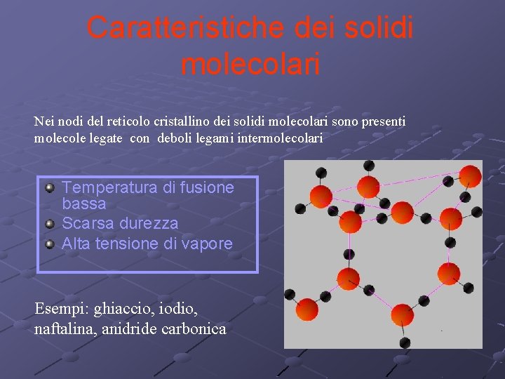 Caratteristiche dei solidi molecolari Nei nodi del reticolo cristallino dei solidi molecolari sono presenti