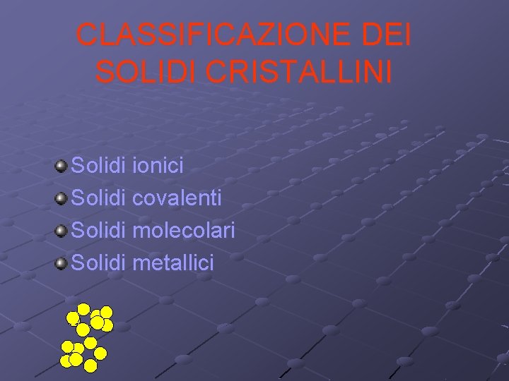 CLASSIFICAZIONE DEI SOLIDI CRISTALLINI Solidi ionici Solidi covalenti Solidi molecolari Solidi metallici 