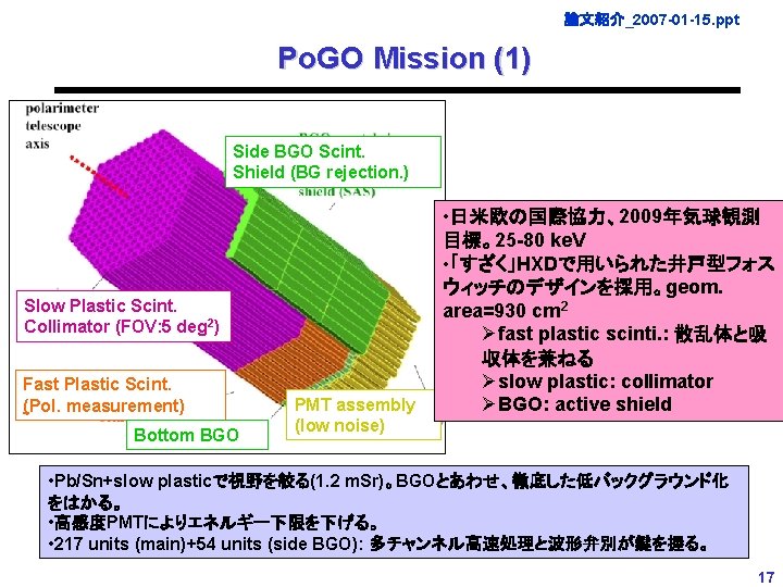 論文紹介_2007 -01 -15. ppt Po. GO Mission (1) Side BGO Scint. Shield (BG rejection.