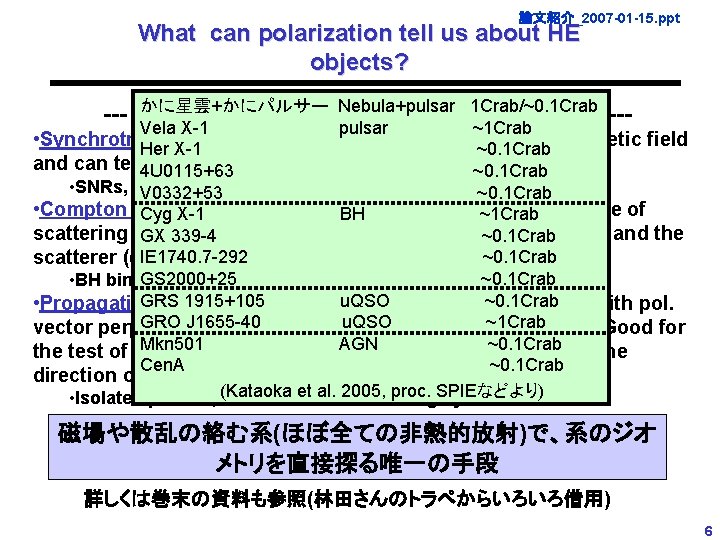 論文紹介_2007 -01 -15. ppt What can polarization tell us about HE objects? かに星雲+かにパルサー Nebula+pulsar