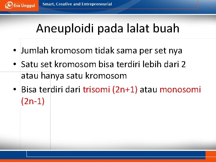 Aneuploidi pada lalat buah • Jumlah kromosom tidak sama per set nya • Satu