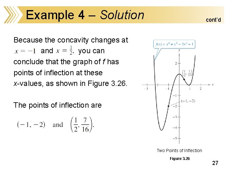 Example 4 – Solution cont’d Because the concavity changes at and you can conclude