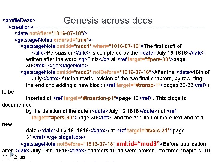Genesis across docs <profile. Desc> <creation> <date not. After="1816 07 18"/> <ge: stage. Notes