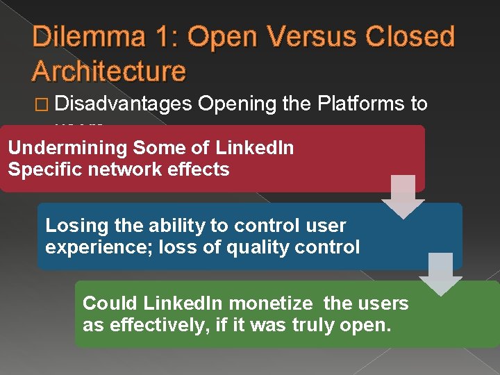 Dilemma 1: Open Versus Closed Architecture � Disadvantages Opening the Platforms to users Undermining