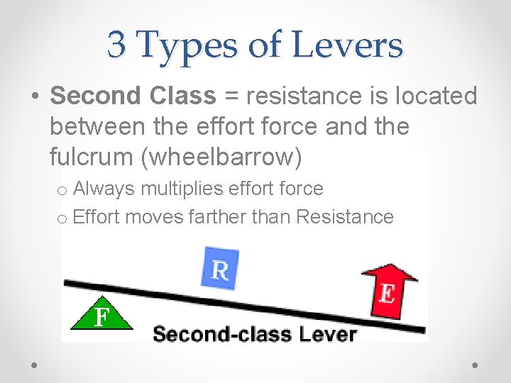 3 Types of Levers • Second Class = resistance is located between the effort