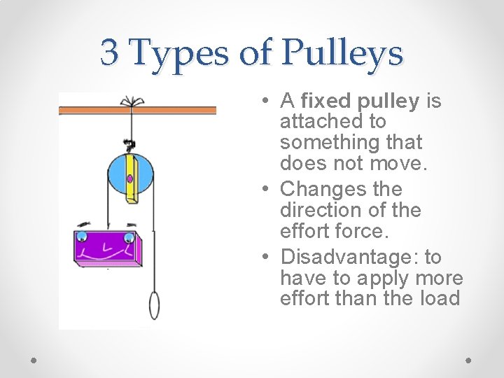 3 Types of Pulleys • A fixed pulley is attached to something that does