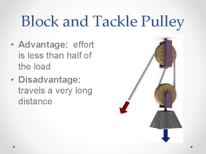 Block and Tackle Pulley • Advantage: effort is less than half of the load