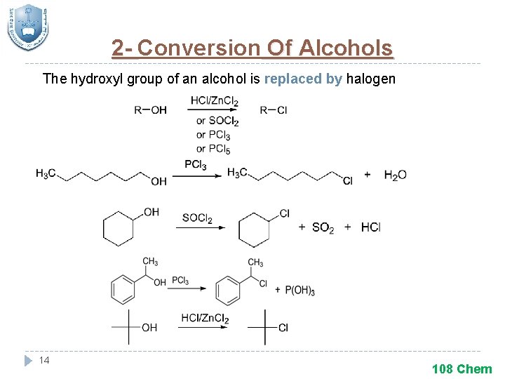 2 - Conversion Of Alcohols The hydroxyl group of an alcohol is replaced by