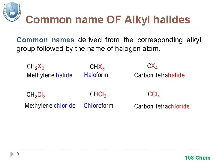 Common name OF Alkyl halides Common names derived from the corresponding alkyl group followed