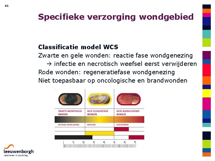 41 Specifieke verzorging wondgebied Classificatie model WCS Zwarte en gele wonden: reactie fase wondgenezing