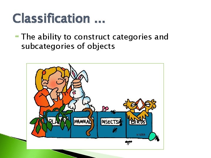 Classification. . . The ability to construct categories and subcategories of objects Classification. . . The ability to construct categories and subcategories of objects