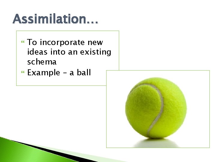 Assimilation… To incorporate new ideas into an existing schema Example – a ball Assimilation… To incorporate new ideas into an existing schema Example – a ball
