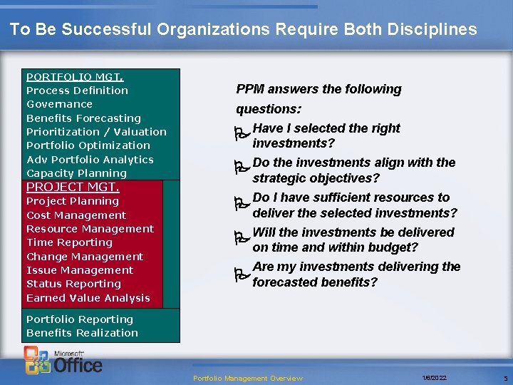 To Be Successful Organizations Require Both Disciplines PORTFOLIO MGT, Process Definition Governance Benefits Forecasting