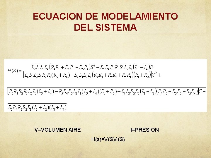 ECUACION DE MODELAMIENTO DEL SISTEMA V=VOLUMEN AIRE I=PRESION H(s)=V(S)/I(S) 