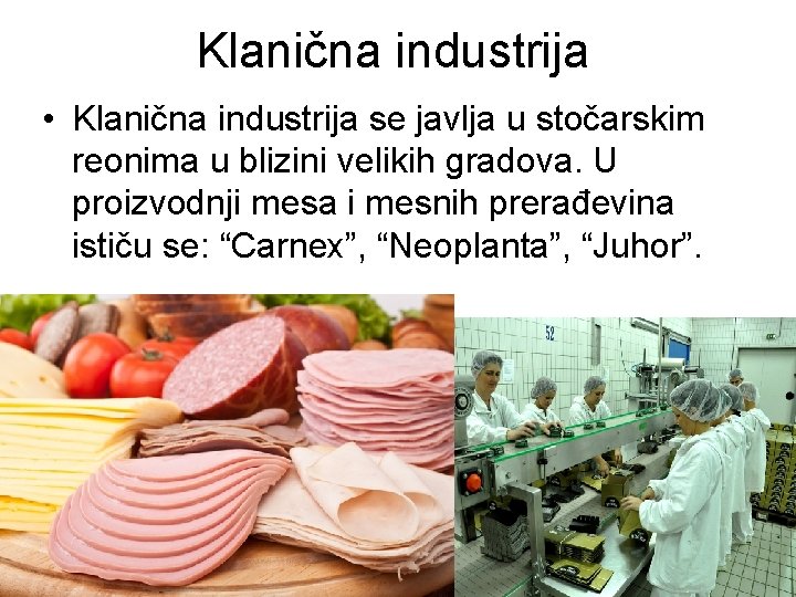 Klanična industrija • Klanična industrija se javlja u stočarskim reonima u blizini velikih gradova. Klanična industrija • Klanična industrija se javlja u stočarskim reonima u blizini velikih gradova.