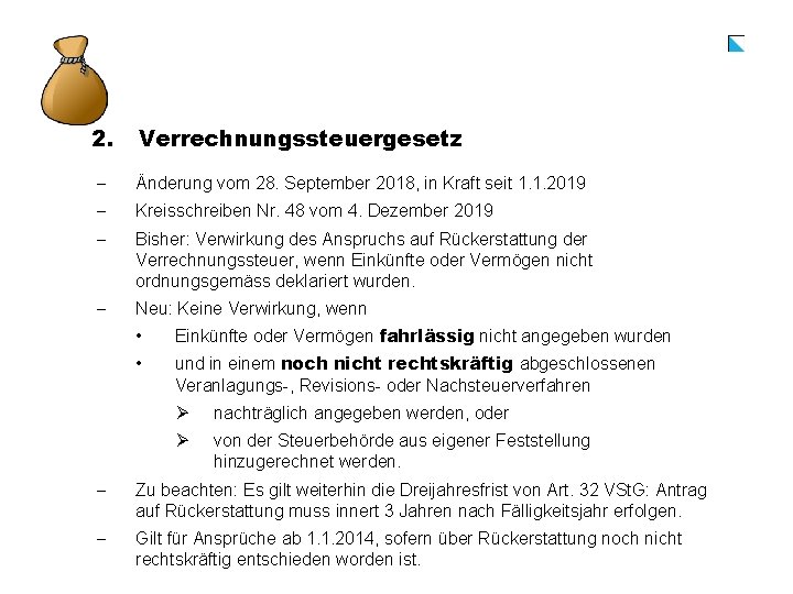 2. Verrechnungssteuergesetz - Änderung vom 28. September 2018, in Kraft seit 1. 1. 2019