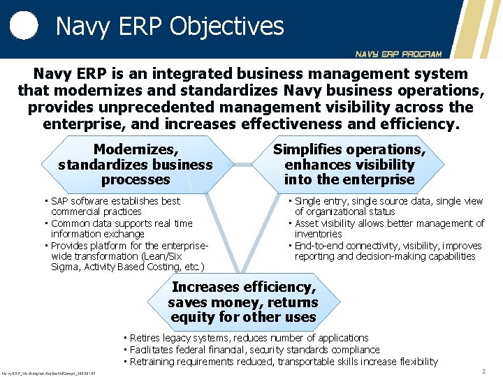 Navy ERP Objectives Navy ERP is an integrated business management system that modernizes and