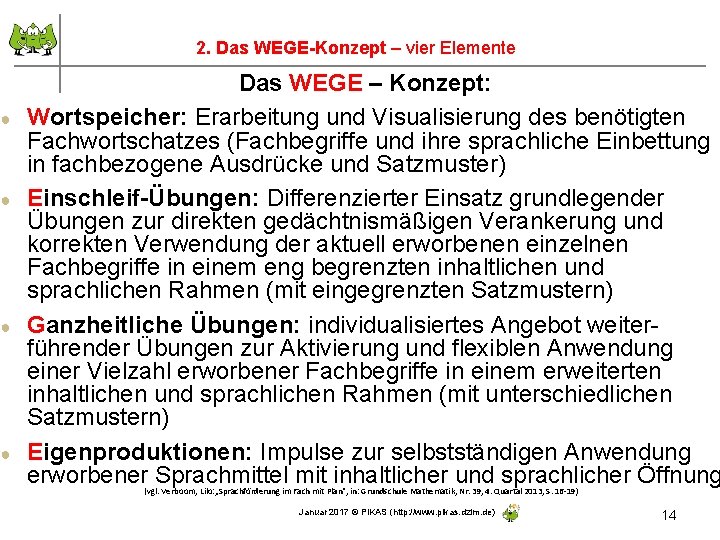 ● ● 2. Das WEGE-Konzept – vier Elemente Das WEGE – Konzept: Wortspeicher: Erarbeitung