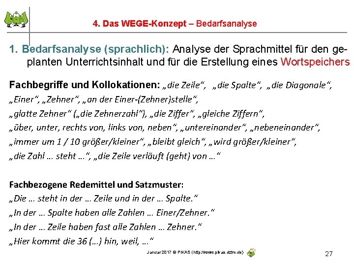 4. Das WEGE-Konzept – Bedarfsanalyse 1. Bedarfsanalyse (sprachlich): Analyse der Sprachmittel für den geplanten