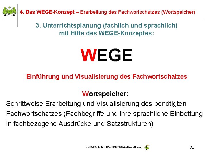 4. Das WEGE-Konzept – Erarbeitung des Fachwortschatzes (Wortspeicher) 3. Unterrichtsplanung (fachlich und sprachlich) mit