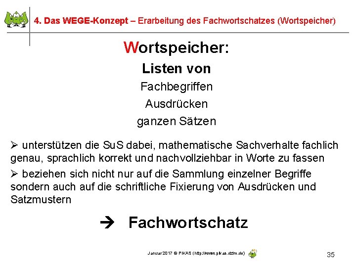 4. Das WEGE-Konzept – Erarbeitung des Fachwortschatzes (Wortspeicher) Wortspeicher: Listen von Fachbegriffen Ausdrücken ganzen