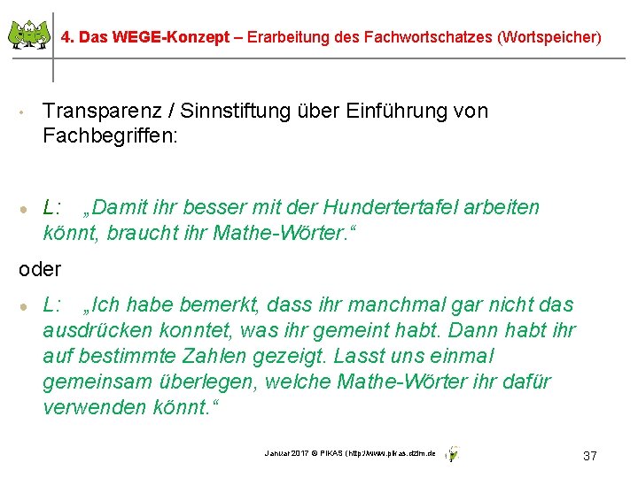 4. Das WEGE-Konzept – Erarbeitung des Fachwortschatzes (Wortspeicher) • Transparenz / Sinnstiftung über Einführung