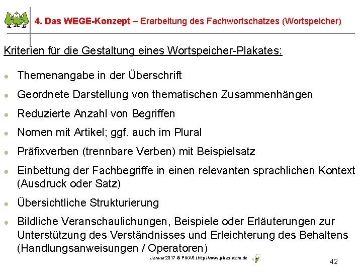 42 4. Das WEGE-Konzept – Erarbeitung des Fachwortschatzes (Wortspeicher) Kriterien für die Gestaltung eines