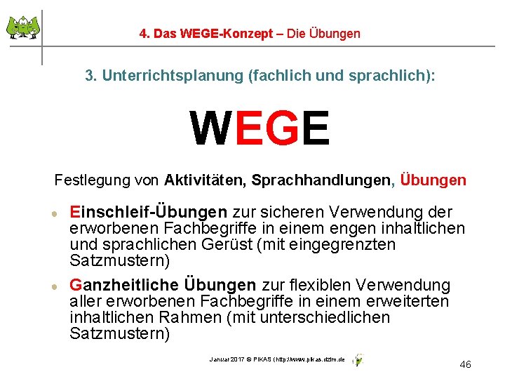 46 4. Das WEGE-Konzept – Die Übungen 3. Unterrichtsplanung (fachlich und sprachlich): WEGE Festlegung