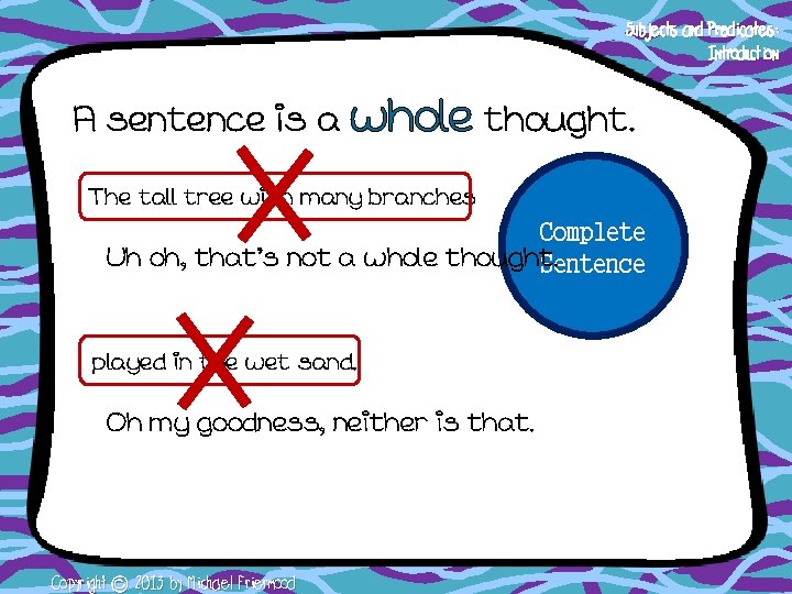 Subjects and Predicates: Introduction A sentence is a whole thought. The tall tree with