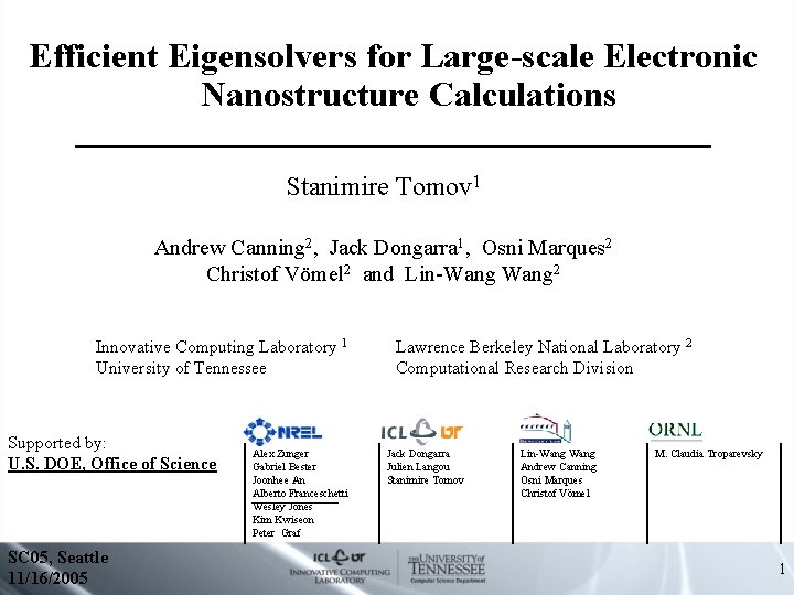 Efficient Eigensolvers for Large-scale Electronic Nanostructure Calculations ________________________ Stanimire Tomov 1 Andrew Canning 2,