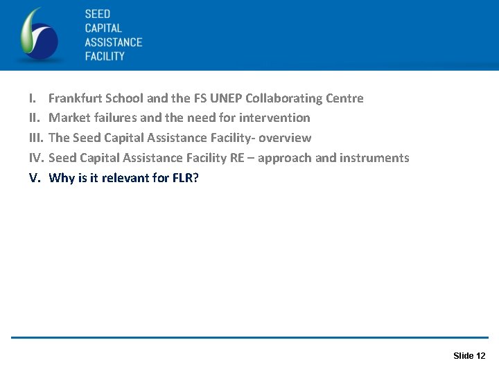 I. Frankfurt School and the FS UNEP Collaborating Centre II. Market failures and the