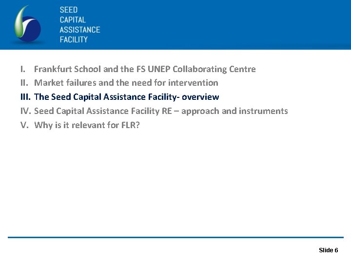 I. Frankfurt School and the FS UNEP Collaborating Centre II. Market failures and the